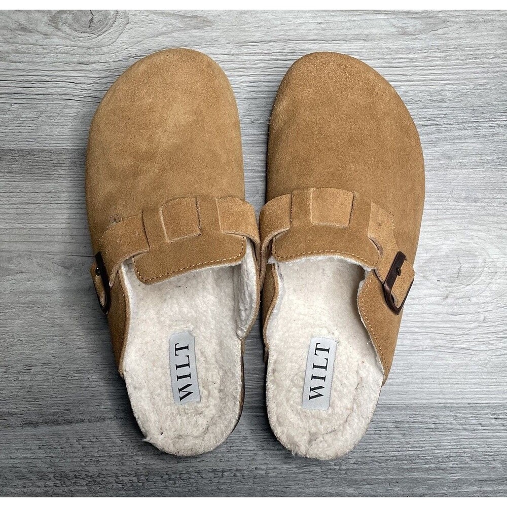 Wilt Clogs Women Tan Brown Suede Leather Buckle Faux Shearling Lined Hana 8M